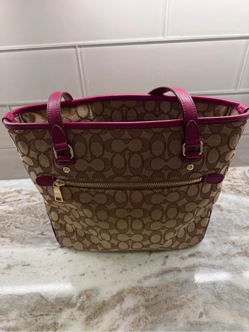 Coach Khaki Signature Canvas Tote with Berry Trim